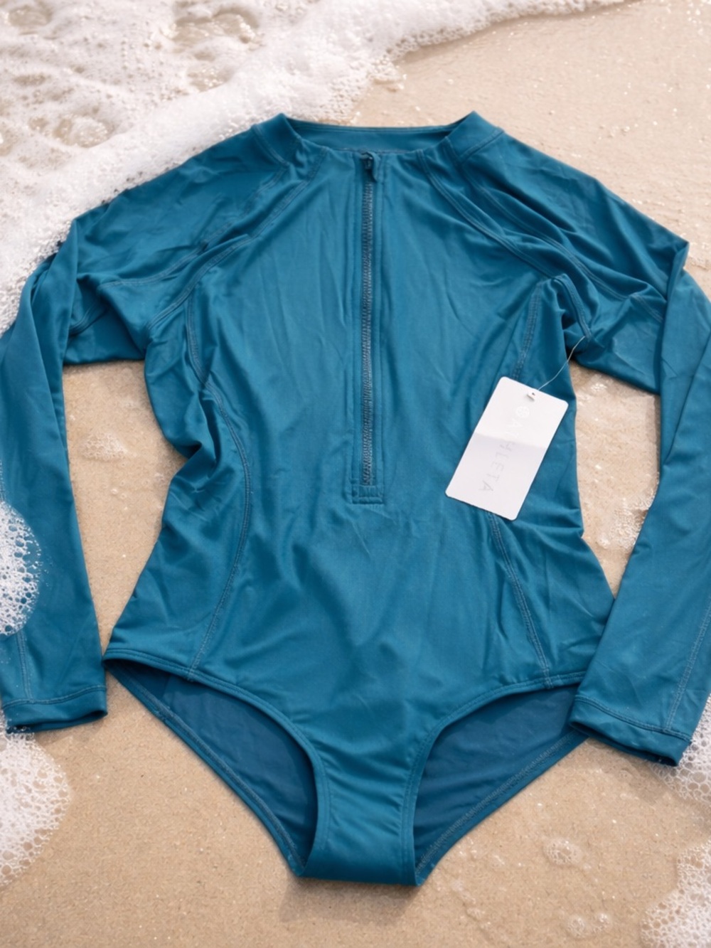 Athleta Teal Long-Sleeve Zip Front One-Piece Rash Guard